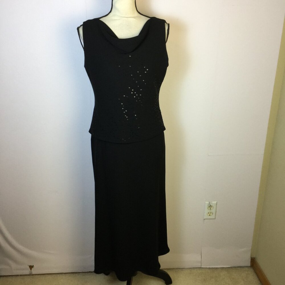 Evan Picone Midi Overlay Dress Size 8 Womens Black Cowl Neck Sequin Sleeveless